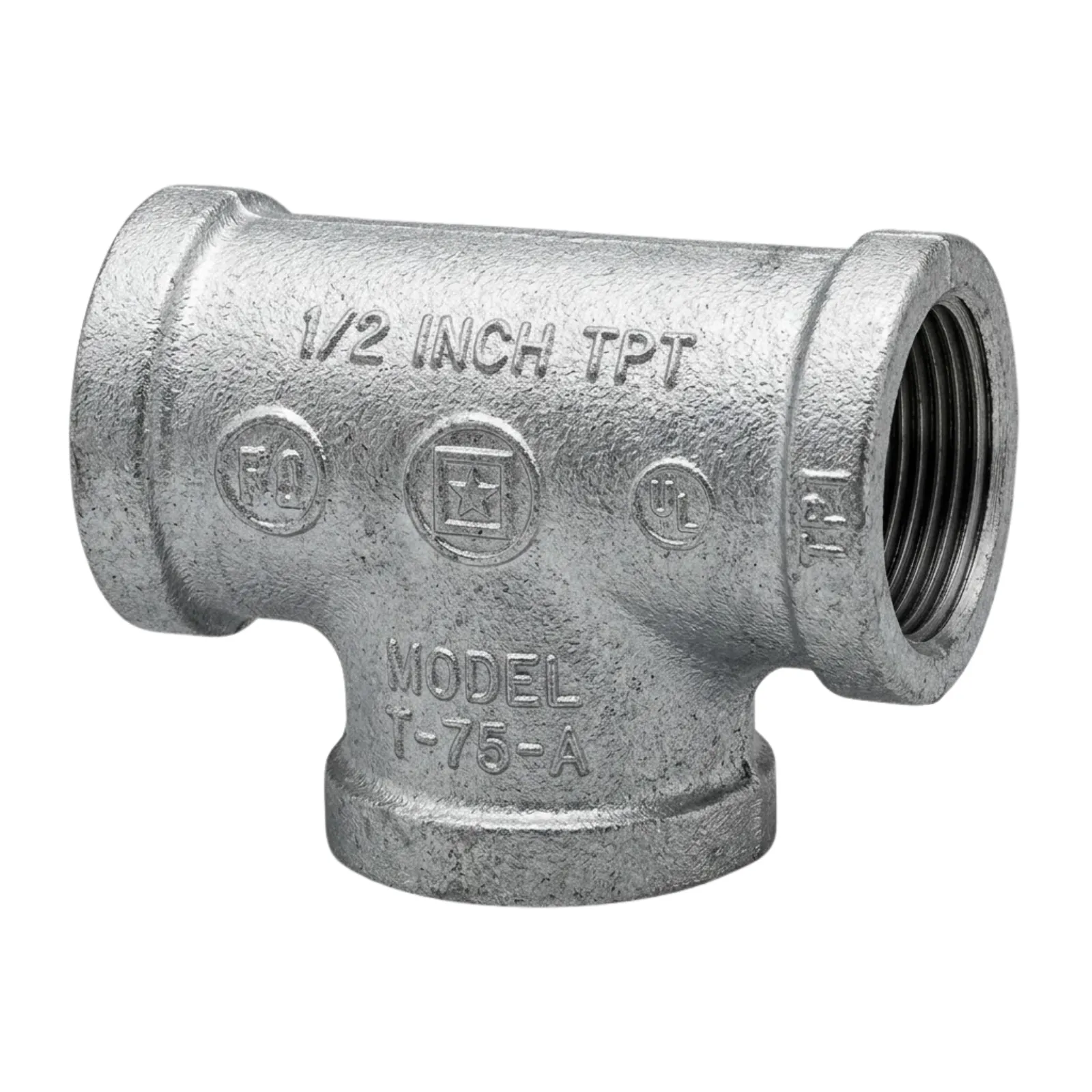 TEE MACHO FIERRO MALEABLE GALVANIZADO X 45° CLASE 150 ROSCA NPT UL/FM