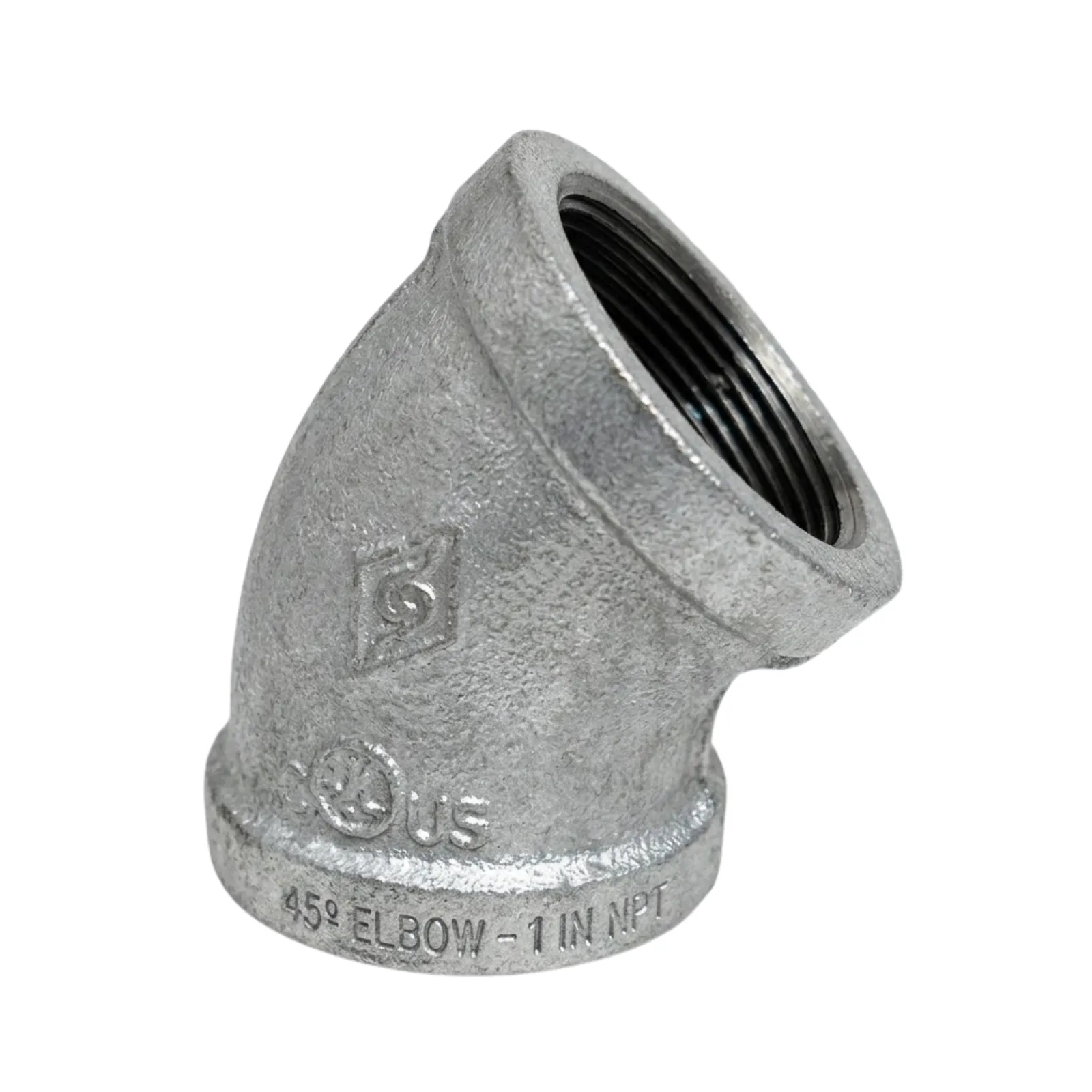 CODO REFORZADO FIERRO MALEABLE GALVANIZADO X 45° CLASE 150 ROSCA NPT UL/FM